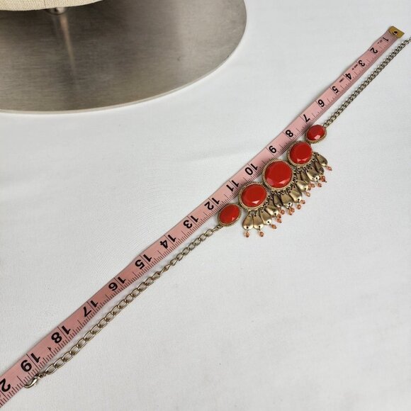 GOLD Tone Red Dangle Statement Necklace - Picture 6 of 7
